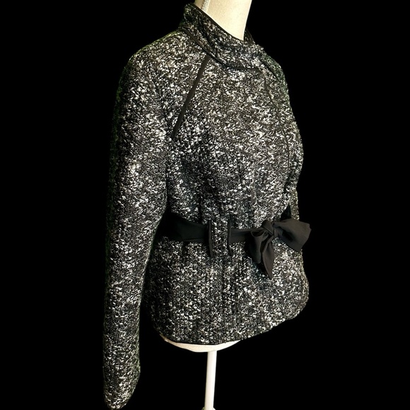Sandro Black & White Marled Tweed Button Up Jacket with Black Satin Belt Sz XLP - Picture 11 of 15